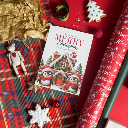 Cute Christmas Penguin and Gingerbread House Holiday Card