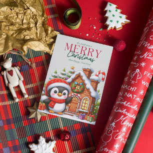 Cute Christmas Penguin and Gingerbread House Holiday Card