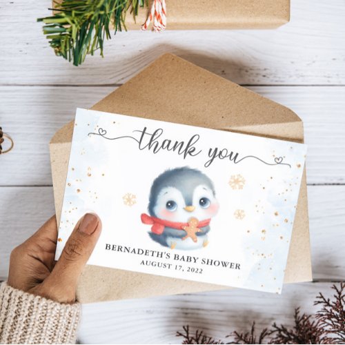 Cute Christmas Penguin Baby Shower Thank You Card