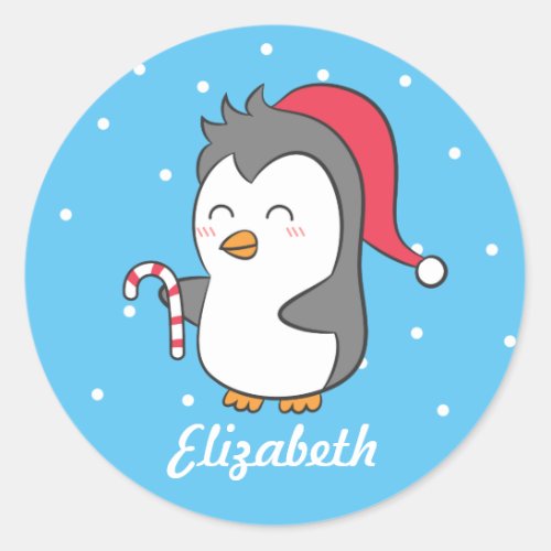 Cute Christmas Penguin Candy Cane Name Stickers
