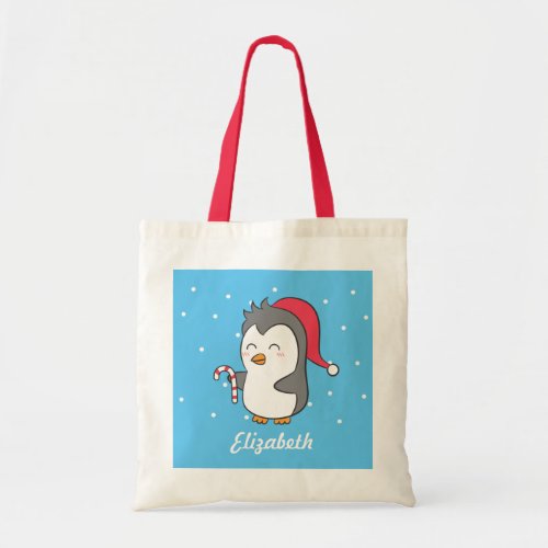 Cute Christmas Penguin Candy Cane Personalized Tote Bag