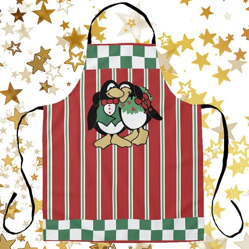 Cute Christmas Penguin Couple In Love Red Striped Apron