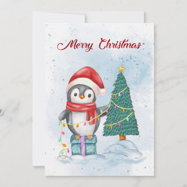 Cute Christmas Penguin Decorating Tree with Lights Holiday Card (Front)