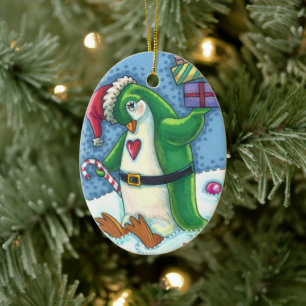 CUTE CHRISTMAS PENGUIN DRESSED IN GREEN, HOLIDAY CERAMIC ORNAMENT
