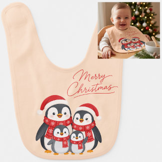 Cute Christmas Penguin Family - Holiday Winter Baby Bib