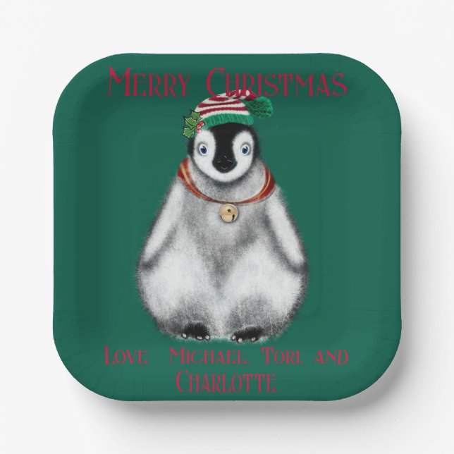 Cute Christmas Penguin , festive Arctic animal    Paper Plates (Front)