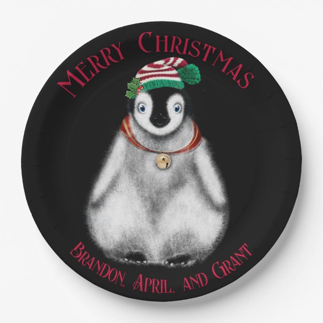 Cute Christmas Penguin , festive Arctic animal    Paper Plates (Front)
