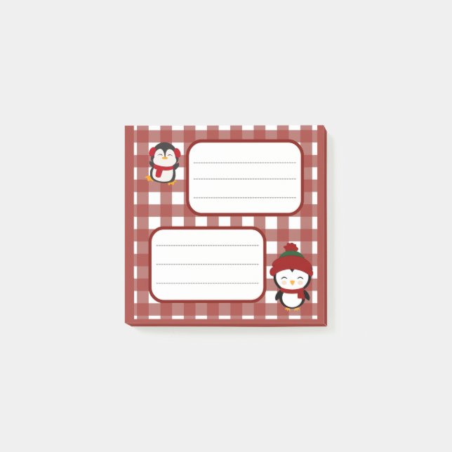Cute Christmas Penguin Gingham Plaid Lined Notepad (Front)