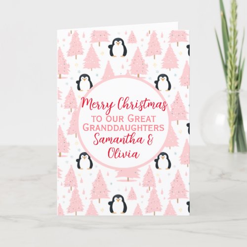 Cute Christmas Penguin Great Granddaughter Pink Holiday Card