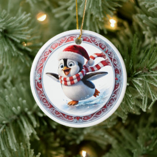 Cute Christmas Penguin Ice Skating Holiday Ornamen Ceramic Ornament