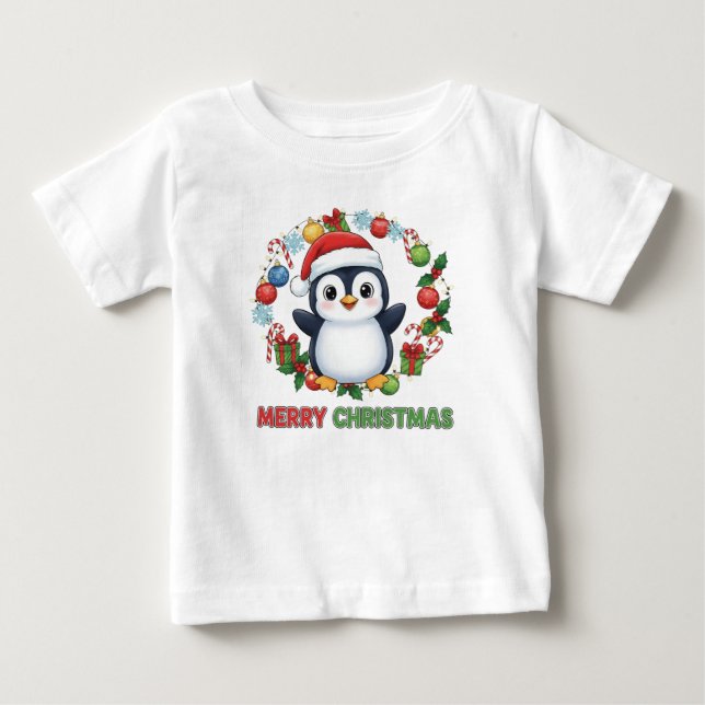 Cute Christmas Penguin Illustration Baby T-Shirt (Front)