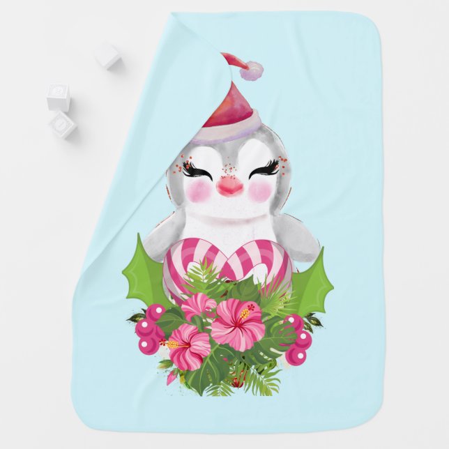 Cute Christmas Penguin in Santa Hat Baby Blanket (In Situ)