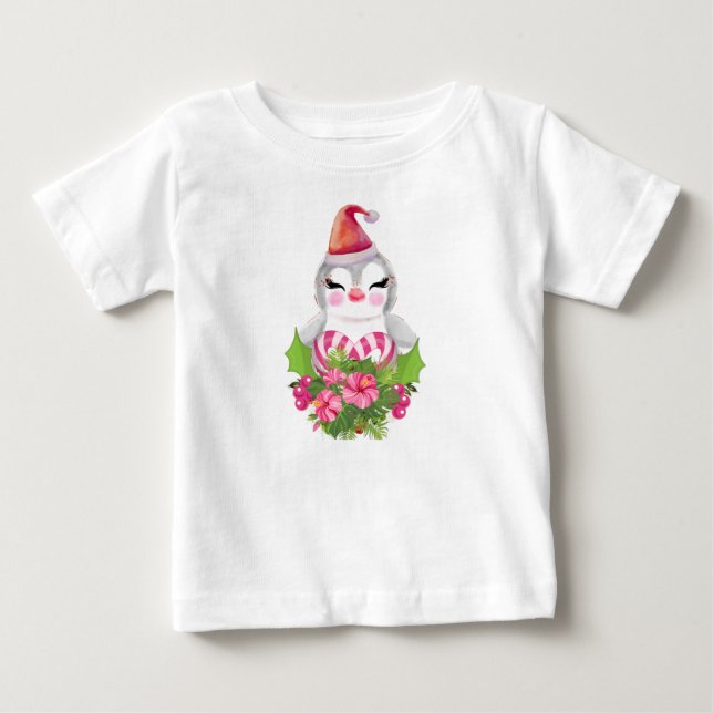 Cute Christmas Penguin in Santa Hat Baby T-Shirt (Front)
