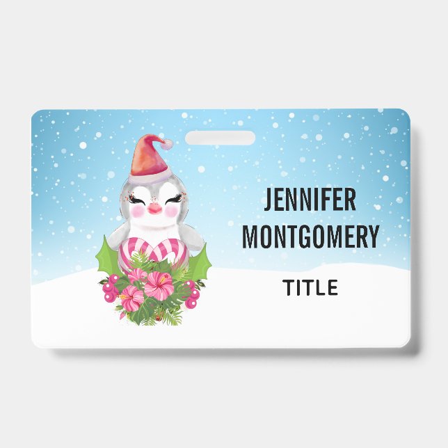 Cute Christmas Penguin in Santa Hat Badge (Front)