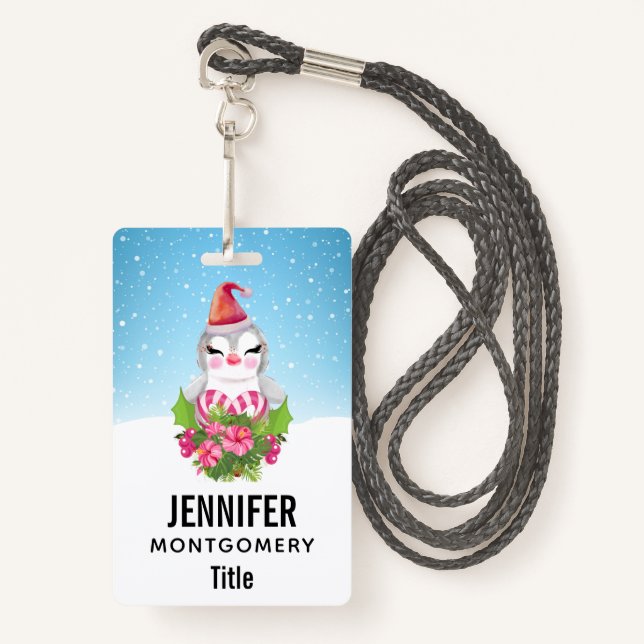 Cute Christmas Penguin in Santa Hat Badge (Front with Lanyard)