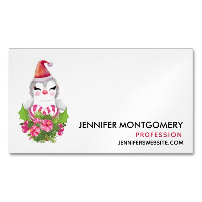 Cute Christmas Penguin in Santa Hat Business Card Magnet (Front)