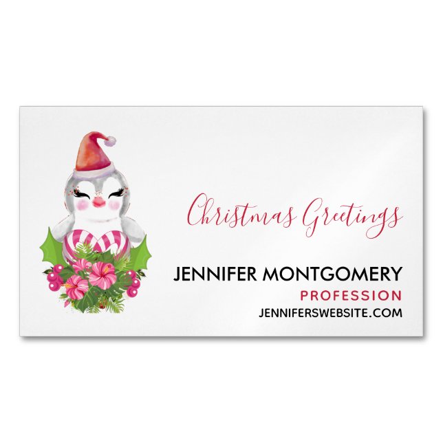 Cute Christmas Penguin in Santa Hat Business Card Magnet (Front)