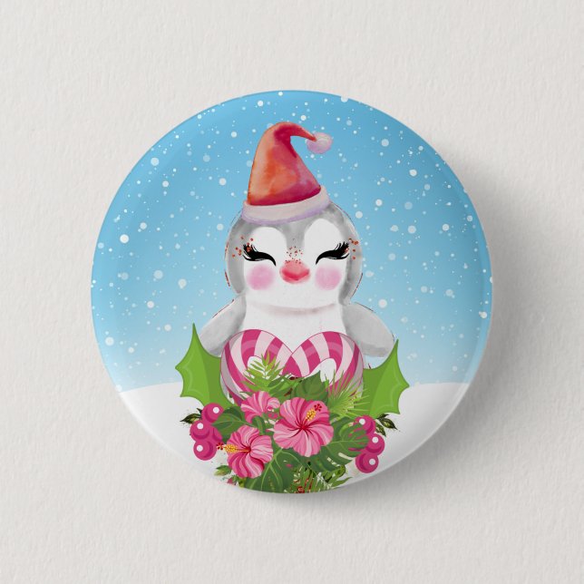 Cute Christmas Penguin in Santa Hat Button (Front)