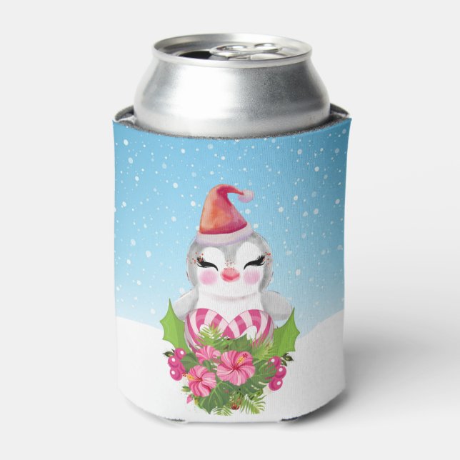 Cute Christmas Penguin in Santa Hat Can Cooler (Can Front)