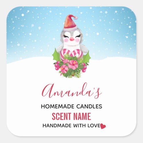 Cute Christmas Penguin in Santa Hat Candle Square Sticker