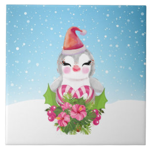Cute Christmas Penguin in Santa Hat Ceramic Tile