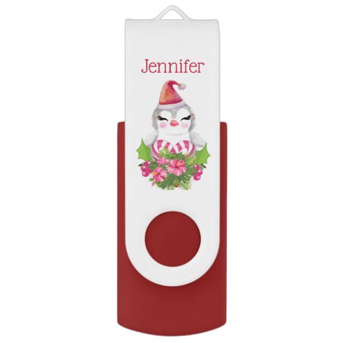 Cute Christmas Penguin in Santa Hat Flash Drive