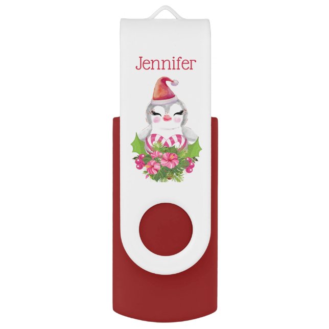 Cute Christmas Penguin in Santa Hat Flash Drive (Front Vertical)
