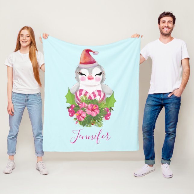 Cute Christmas Penguin in Santa Hat Fleece Blanket (In Situ)