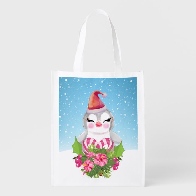 Cute Christmas Penguin in Santa Hat Grocery Bag (Front)