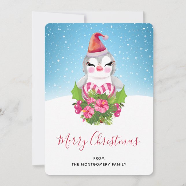 Cute Christmas Penguin in Santa Hat Holiday Card (Front)