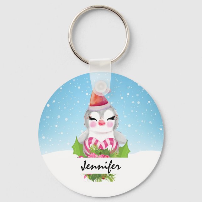 Cute Christmas Penguin in Santa Hat Keychain (Front)