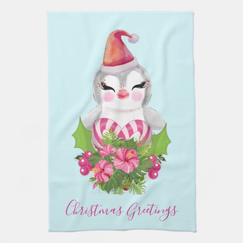 Cute Christmas Penguin in Santa Hat Kitchen Towel