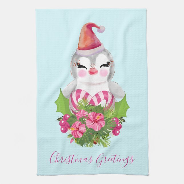 Cute Christmas Penguin in Santa Hat Kitchen Towel (Vertical)