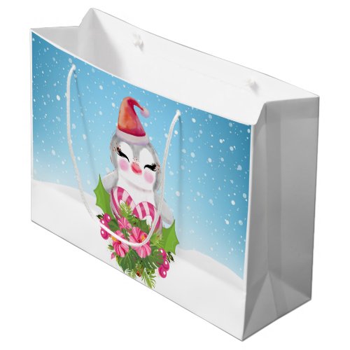 Cute Christmas Penguin in Santa Hat Large Gift Bag