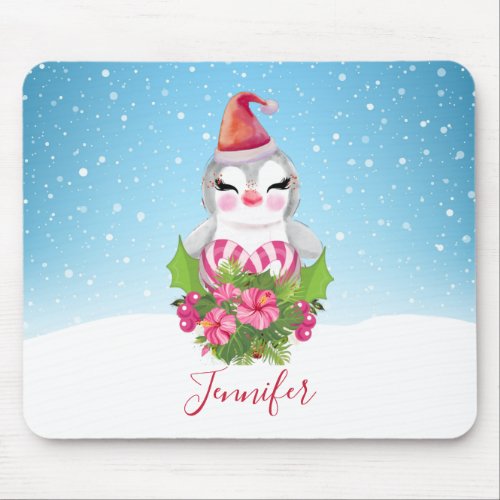 Cute Christmas Penguin in Santa Hat Mouse Pad