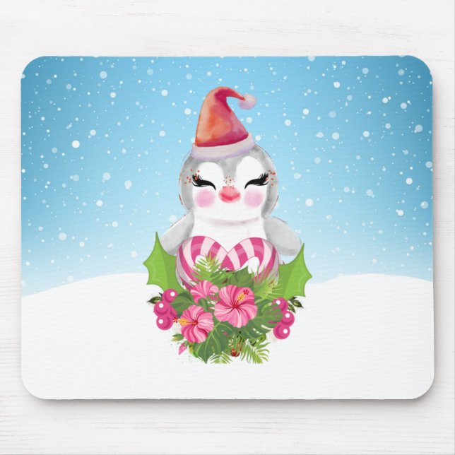 Cute Christmas Penguin in Santa Hat Mouse Pad (Front)