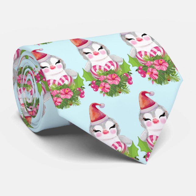 Cute Christmas Penguin in Santa Hat Neck Tie (Rolled)