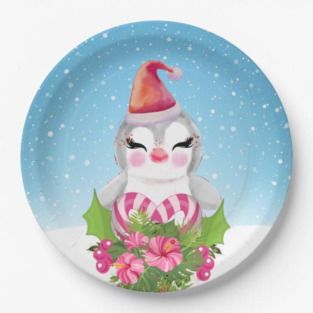 Cute Christmas Penguin in Santa Hat Paper Plates (Front)