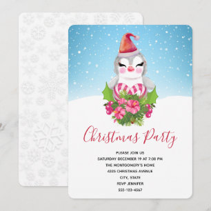 Cute Christmas Penguin in Santa Hat Party Invitation