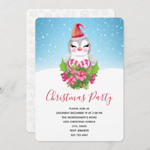 Cute Christmas Penguin in Santa Hat Party Invitation