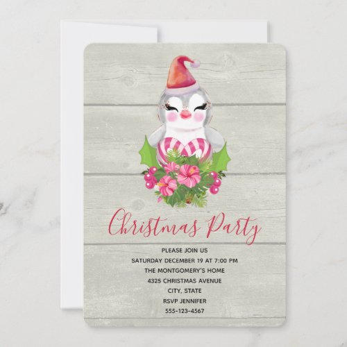 Cute Christmas Penguin in Santa Hat Party Invitation