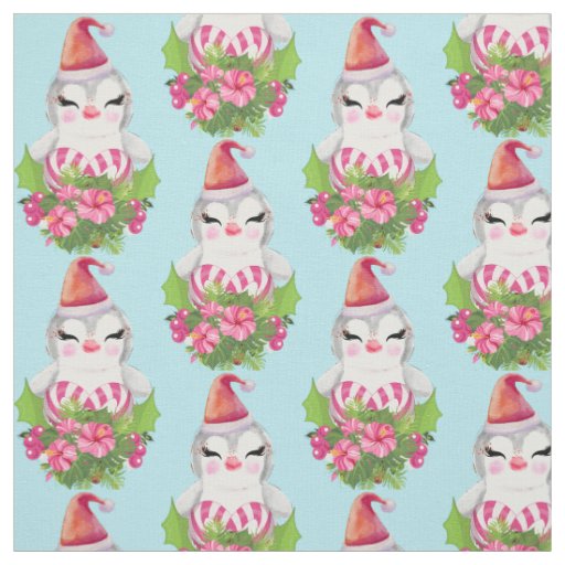 Cute Christmas Penguin in Santa Hat Pattern Fabric