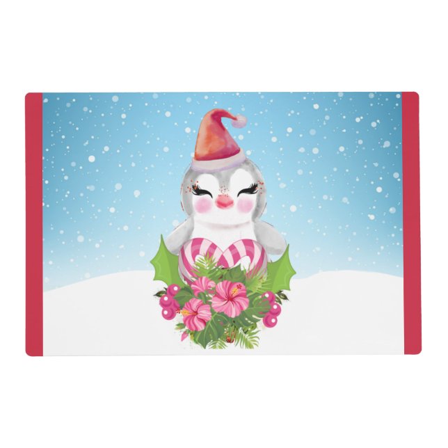 Cute Christmas Penguin in Santa Hat Placemat (Front)