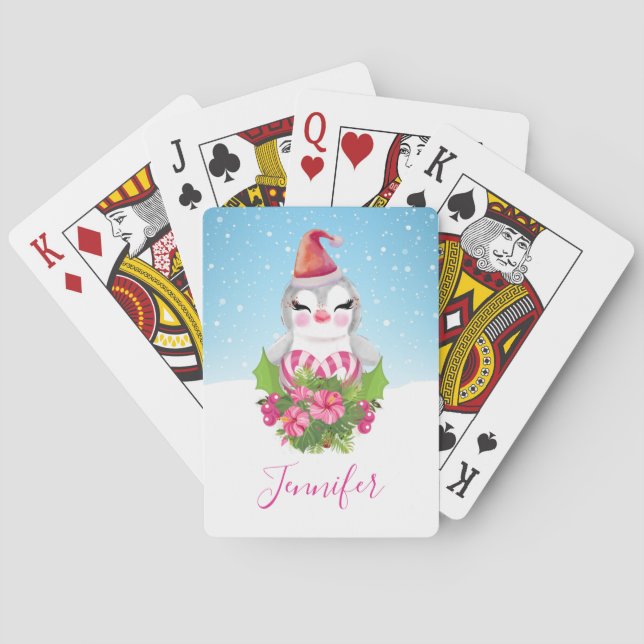 Cute Christmas Penguin in Santa Hat Poker Cards (Back)