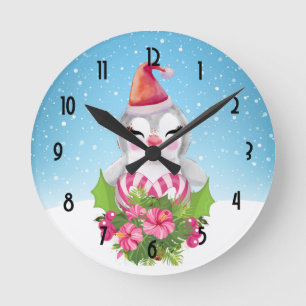 Cute Christmas Penguin in Santa Hat Round Clock