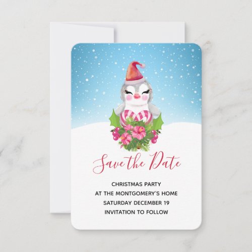 Cute Christmas Penguin in Santa Hat Save The Date