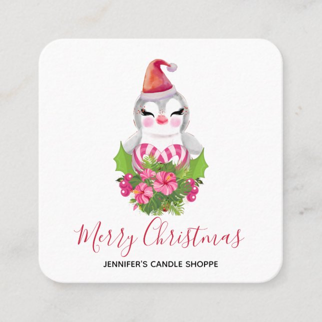 Cute Christmas Penguin in Santa Hat Square Business Card (Front)