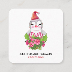 Cute Christmas Penguin in Santa Hat Square Business Card