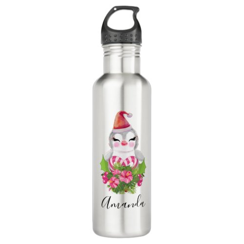 Cute Christmas Penguin in Santa Hat Stainless Steel Water Bottle