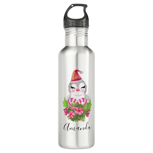 Cute Christmas Penguin in Santa Hat Stainless Steel Water Bottle (Front)